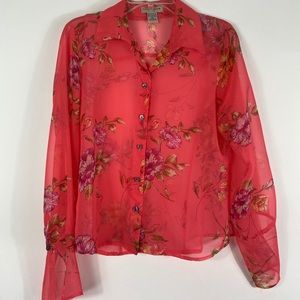 Notations Pink Floral Sheer Button Down stop PL